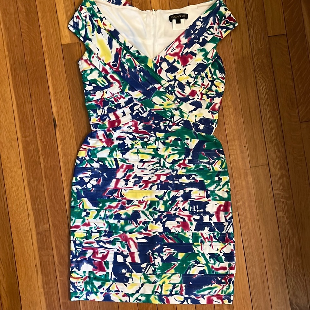 Tadashi Soji designer tiered cap sleeve sheath midi formal dress, size L EUC 🍾
